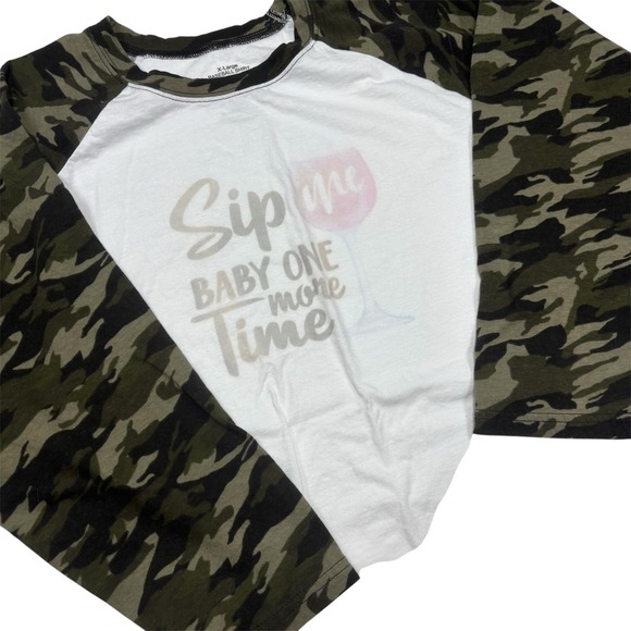 The Unbranded Brand Tops - Baseball Shirt Women's XL White & Camo Sleeves "Sip Me Baby One More Time"
